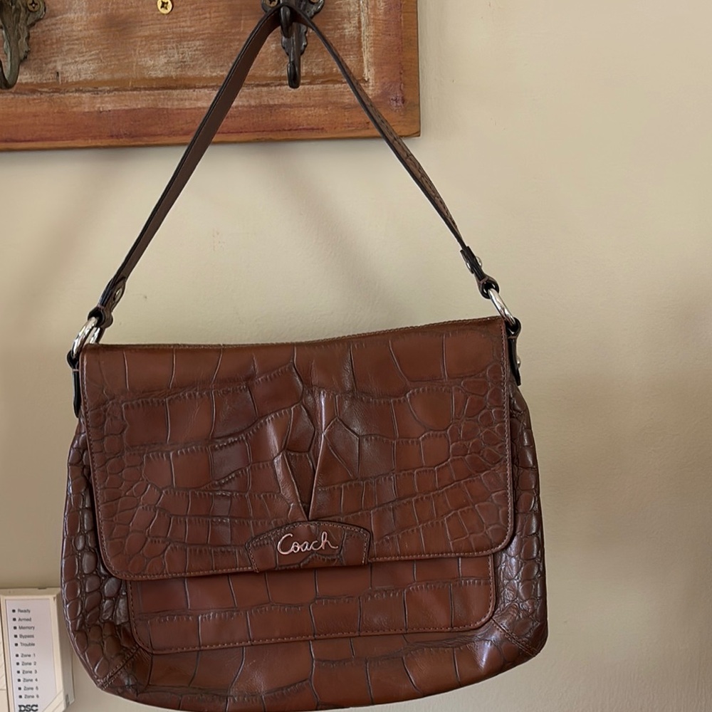 Coach Brown Croc Embossed Shoulder Bag